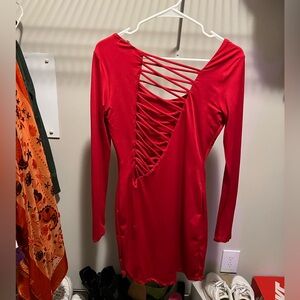 Red, asymmetric back cut out dress